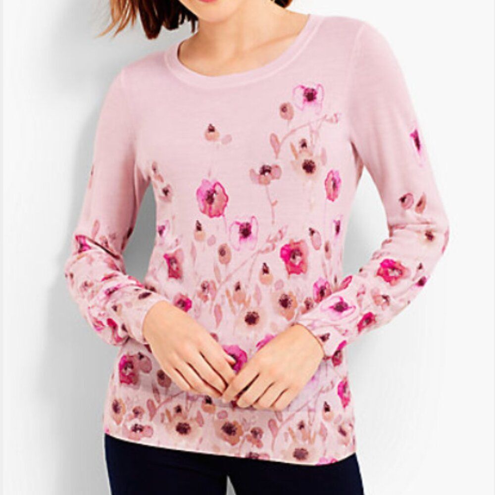 Talbots Pullover Sweater Women XLP Merino Wool Light Knit Floral Office Career